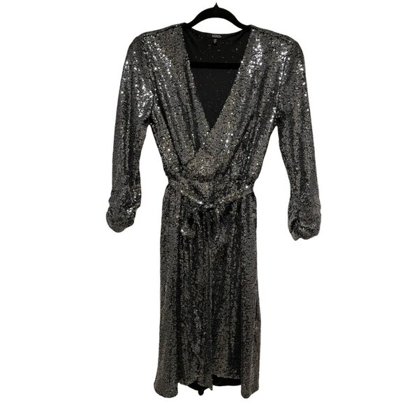 XOXO Black Cocktail Dress With Silver Sequins V-neck & Belted Waist Size Small - Picture 1 of 5